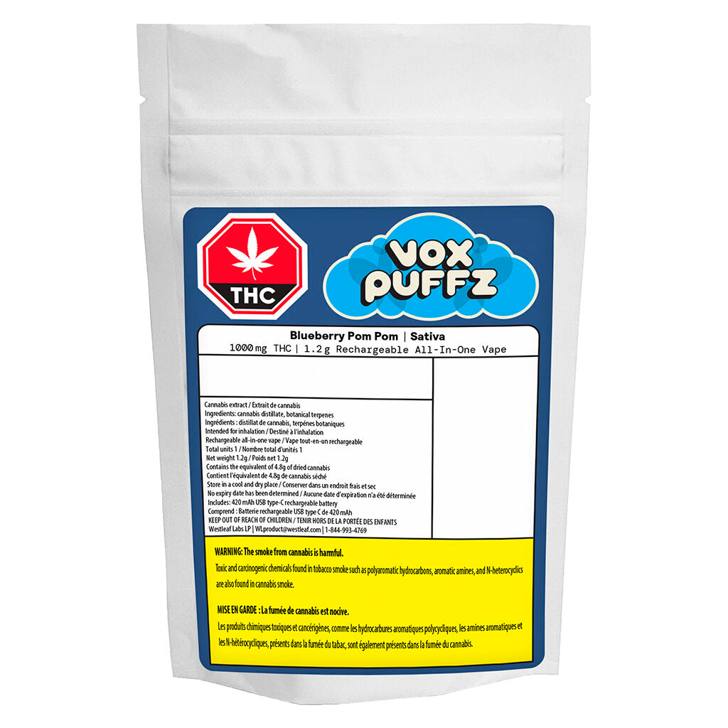 Vapoteuse tout-en-un rechargeable Blueberry Pom Pom 1000 mg - 